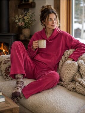 L.L.Bean Vintage Era Women’s Medium Fleece Set, Berry Pink